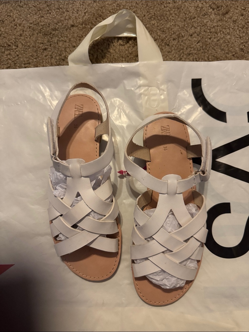 ZARA White Woven Leather Ankle-Strap Sandals